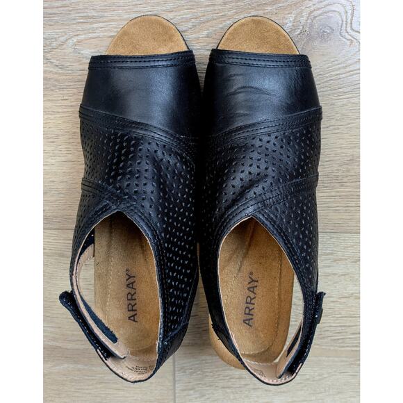 Array Leather Ankle Sandals Black 9.5 Laser Cut Block Heel Peep Toe Comfort NEW - Picture 5 of 12